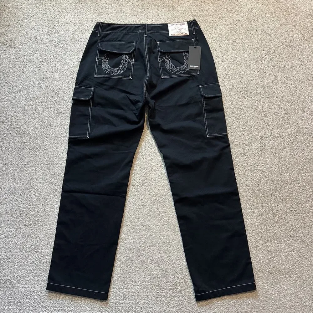 True Religion Men's Cargo Pants Jet Black White Stitching Size 36 Flap Pockets